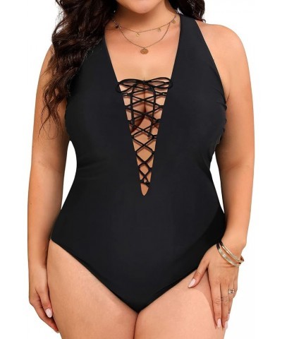 Plus Size Plunge One Piece Swimsuits for Women Sexy Bathing Suits Lace Up Swimwear Black 2 $19.32 Swimsuits