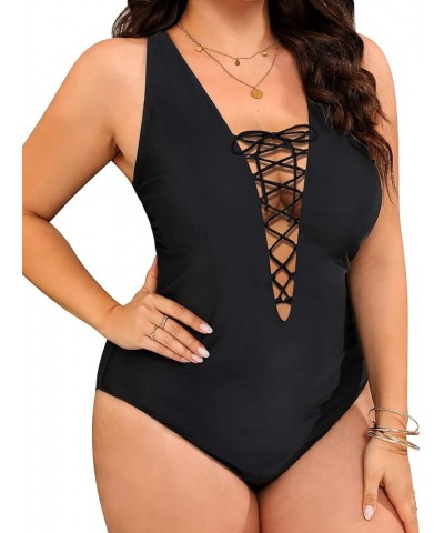 Plus Size Plunge One Piece Swimsuits for Women Sexy Bathing Suits Lace Up Swimwear Black 2 $19.32 Swimsuits