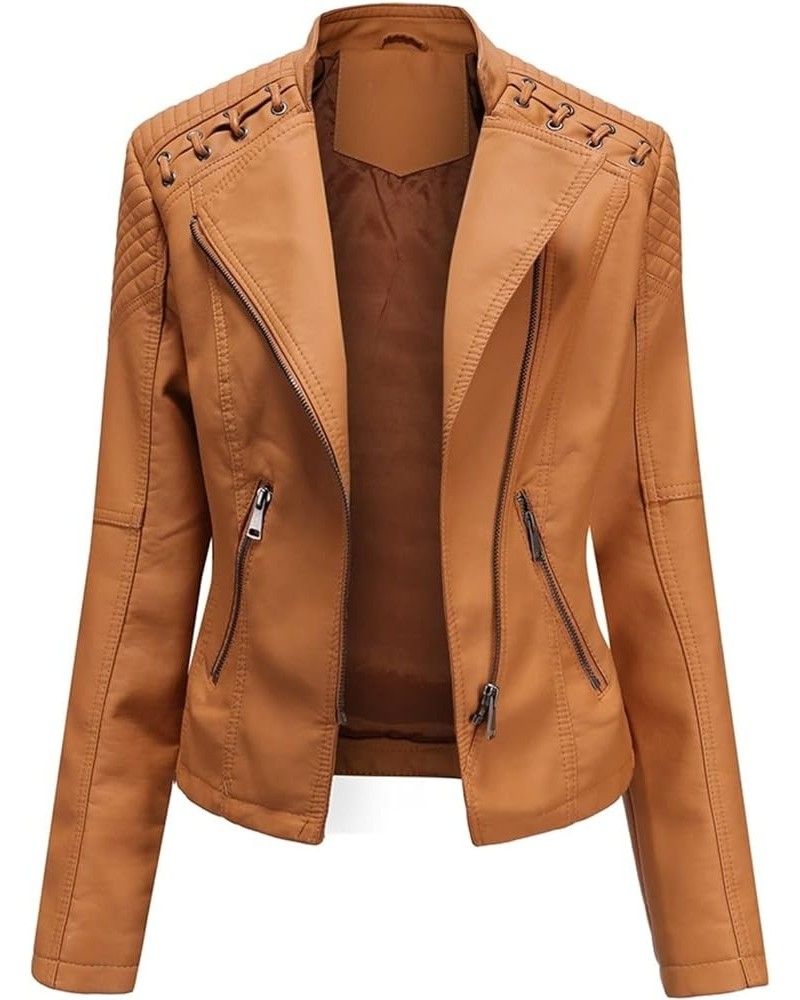 Leather Jacket for Women Zip Leather Motorcycle Jacket Plus Size Faux Leather Tops Lightweight Short Coat 03-ginger $11.49 Coats