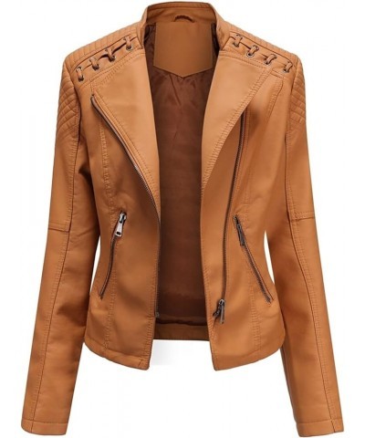 Leather Jacket for Women Zip Leather Motorcycle Jacket Plus Size Faux Leather Tops Lightweight Short Coat 03-ginger $11.49 Coats