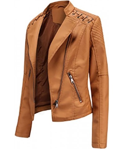 Leather Jacket for Women Zip Leather Motorcycle Jacket Plus Size Faux Leather Tops Lightweight Short Coat 03-ginger $11.49 Coats