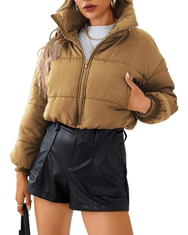 Women's Lightweight Long Sleeve Stand Collar Cropped Puffer Jackets Short Winter Coats Khaki $18.19 Jackets