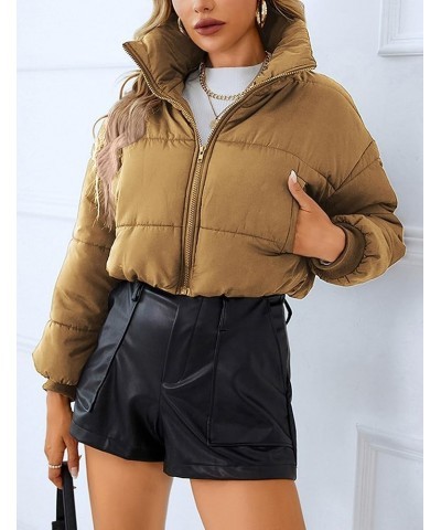 Women's Lightweight Long Sleeve Stand Collar Cropped Puffer Jackets Short Winter Coats Khaki $18.19 Jackets