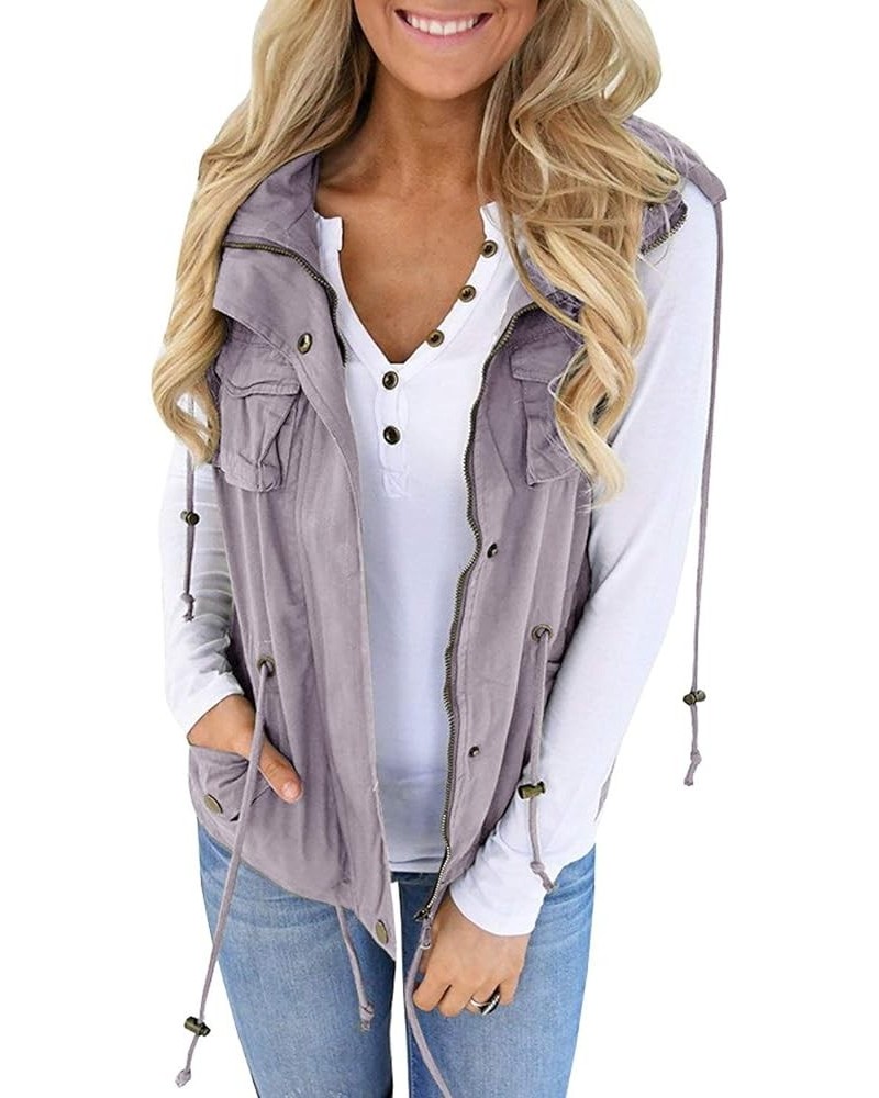 Womens Military Safari Camo Vest Utility Lightweight Sleeveless Hooded Drawstring Jackets with Pockets Gray $26.87 Vests