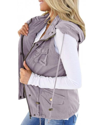 Womens Military Safari Camo Vest Utility Lightweight Sleeveless Hooded Drawstring Jackets with Pockets Gray $26.87 Vests