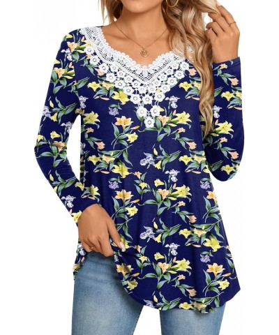 Womens Long Sleeves Crochet Lace Trim Casual Tunic Tops Fit Flare Blouses Pleated Shirts For Leggings V Neck Lily Navy $13.38...