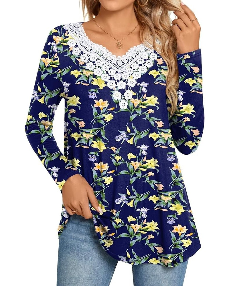 Womens Long Sleeves Crochet Lace Trim Casual Tunic Tops Fit Flare Blouses Pleated Shirts For Leggings V Neck Lily Navy $13.38...