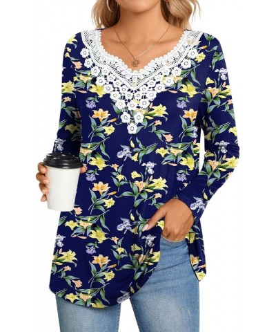 Womens Long Sleeves Crochet Lace Trim Casual Tunic Tops Fit Flare Blouses Pleated Shirts For Leggings V Neck Lily Navy $13.38...