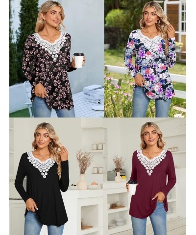 Womens Long Sleeves Crochet Lace Trim Casual Tunic Tops Fit Flare Blouses Pleated Shirts For Leggings V Neck Lily Navy $13.38...