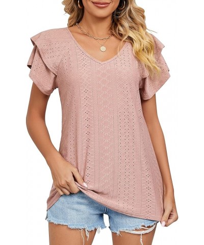 Womens Summer Puff Short Sleeve V Neck T-Shirts Eyelet Casual Lace Dressy Tops Tunic Blouses 2024 C Pink $11.25 Tops