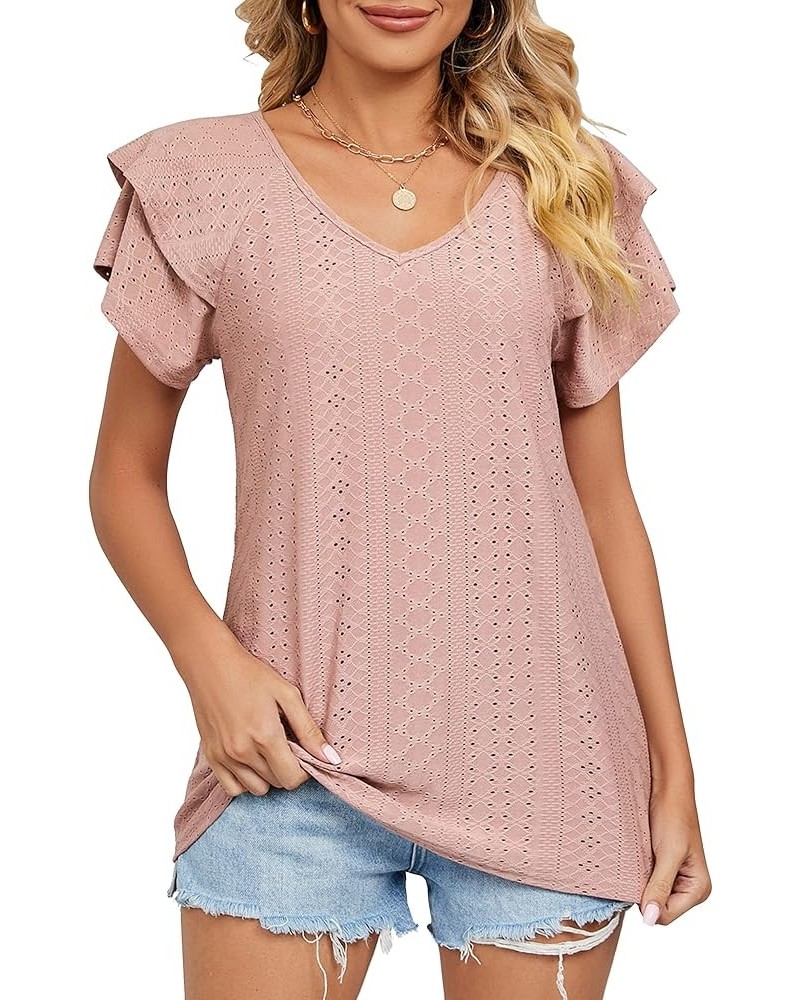 Womens Summer Puff Short Sleeve V Neck T-Shirts Eyelet Casual Lace Dressy Tops Tunic Blouses 2024 C Pink $11.25 Tops