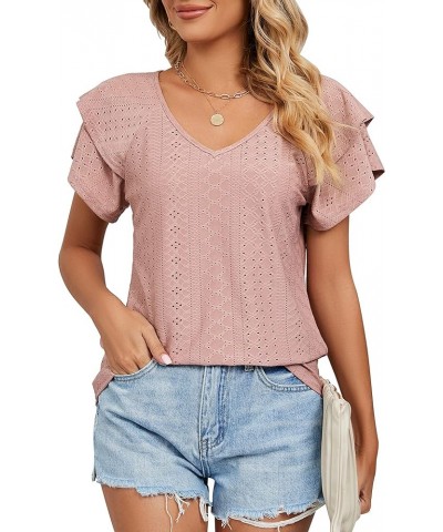 Womens Summer Puff Short Sleeve V Neck T-Shirts Eyelet Casual Lace Dressy Tops Tunic Blouses 2024 C Pink $11.25 Tops