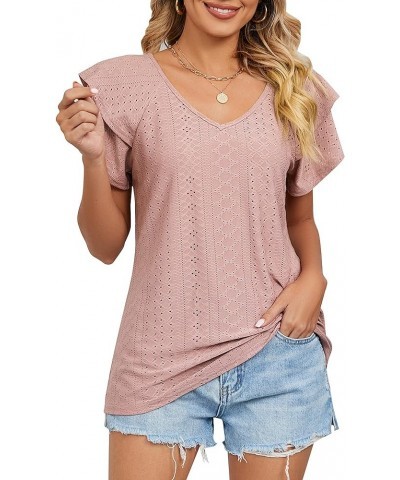 Womens Summer Puff Short Sleeve V Neck T-Shirts Eyelet Casual Lace Dressy Tops Tunic Blouses 2024 C Pink $11.25 Tops