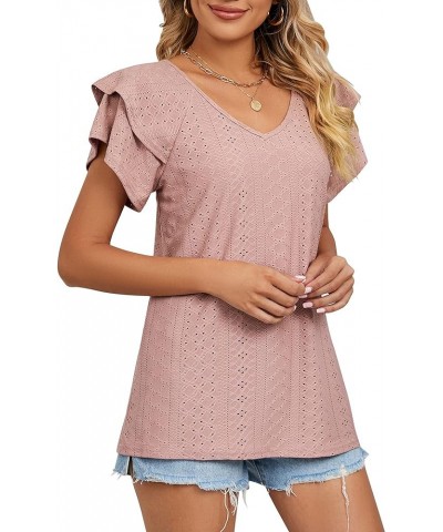 Womens Summer Puff Short Sleeve V Neck T-Shirts Eyelet Casual Lace Dressy Tops Tunic Blouses 2024 C Pink $11.25 Tops