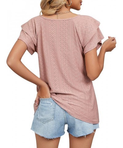 Womens Summer Puff Short Sleeve V Neck T-Shirts Eyelet Casual Lace Dressy Tops Tunic Blouses 2024 C Pink $11.25 Tops