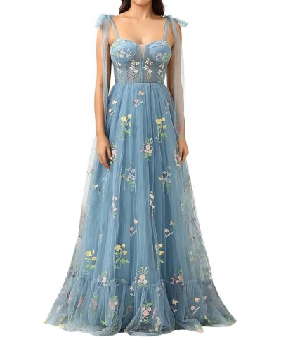 Women's Flower Embroidery Tulle Prom Dresses 2024 Long Spaghetti Straps Sweetheart Formal Evening Party Gowns Dusty Blue-a $3...