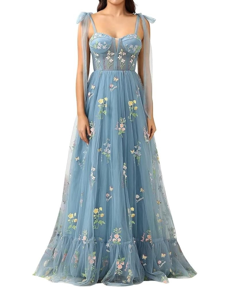 Women's Flower Embroidery Tulle Prom Dresses 2024 Long Spaghetti Straps Sweetheart Formal Evening Party Gowns Dusty Blue-a $3...