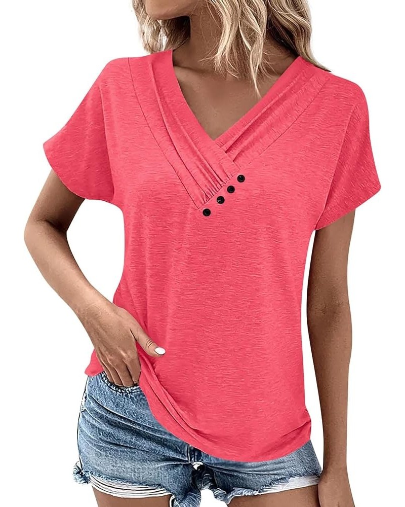 Womens Short Sleeve Blouses Summer Dressy Casual Loose Fit Shirts Button Decor Solid Color Comfy Tunic Tops Ad-vermilion $6.7...