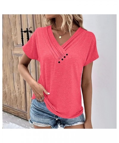 Womens Short Sleeve Blouses Summer Dressy Casual Loose Fit Shirts Button Decor Solid Color Comfy Tunic Tops Ad-vermilion $6.7...