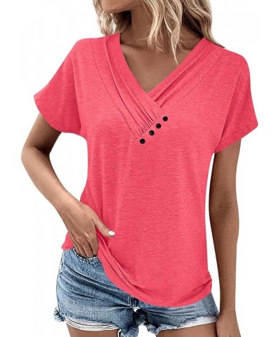 Womens Short Sleeve Blouses Summer Dressy Casual Loose Fit Shirts Button Decor Solid Color Comfy Tunic Tops Ad-vermilion $6.7...