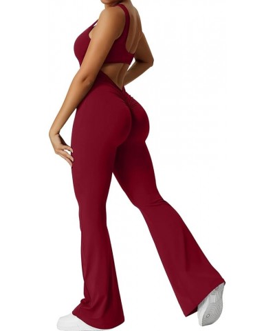 Women Workout Flare Jumpsuits Sleeveless Backless Gym Bodycon Scrunch Butt V Back Yoga Rompers B-wine $10.79 Jumpsuits