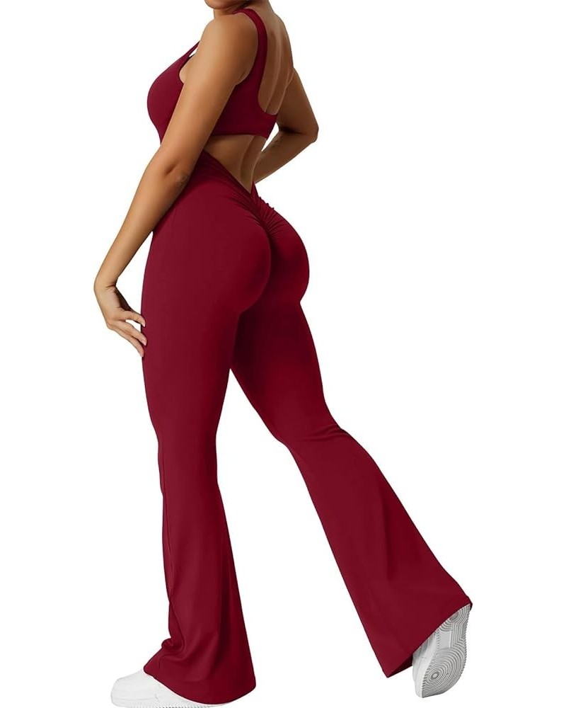 Women Workout Flare Jumpsuits Sleeveless Backless Gym Bodycon Scrunch Butt V Back Yoga Rompers B-wine $10.79 Jumpsuits