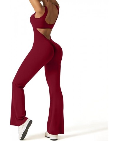 Women Workout Flare Jumpsuits Sleeveless Backless Gym Bodycon Scrunch Butt V Back Yoga Rompers B-wine $10.79 Jumpsuits