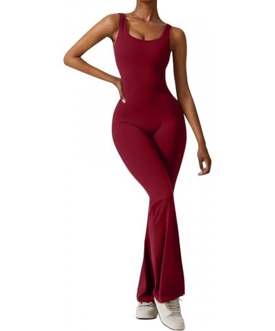 Women Workout Flare Jumpsuits Sleeveless Backless Gym Bodycon Scrunch Butt V Back Yoga Rompers B-wine $10.79 Jumpsuits