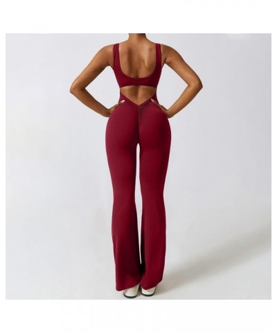 Women Workout Flare Jumpsuits Sleeveless Backless Gym Bodycon Scrunch Butt V Back Yoga Rompers B-wine $10.79 Jumpsuits