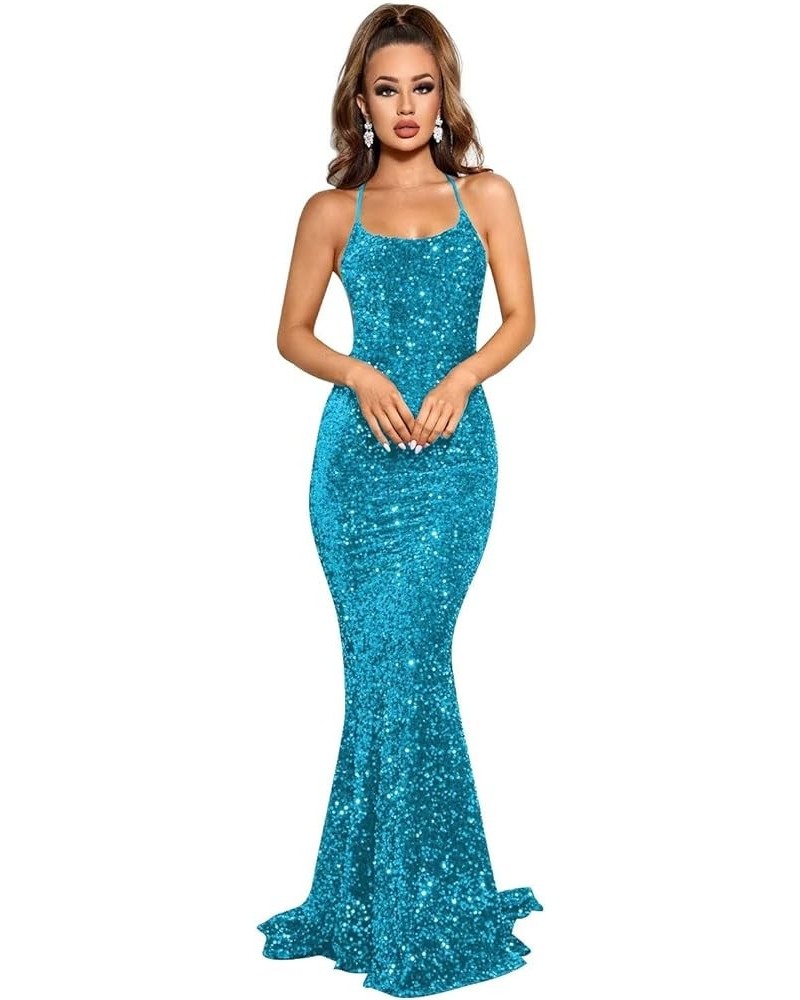 Women's Sequin Mermaid Prom Dress Long Spaghetti Strap Corset Formal Gown Turquoise $42.50 Dresses