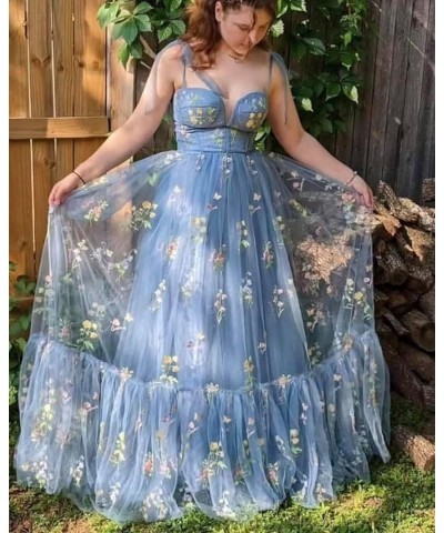 Women's Flower Embroidery Tulle Prom Dresses 2024 Long Spaghetti Straps Sweetheart Formal Evening Party Gowns Dusty Blue-a $3...