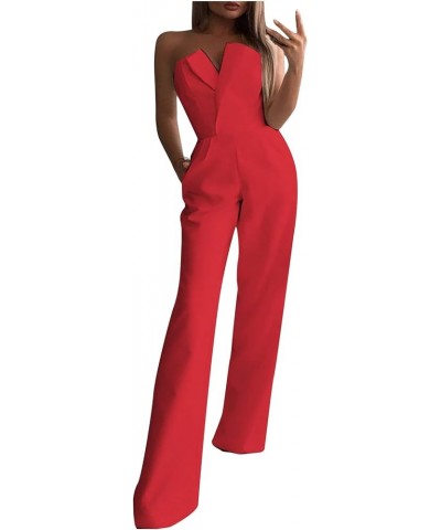 Women's Elegant Rompers Sexy V Neck Strapless High Waist Wide Leg Long Pants Jumpsuits Summer Party Club Outfits 01 Red $18.5...