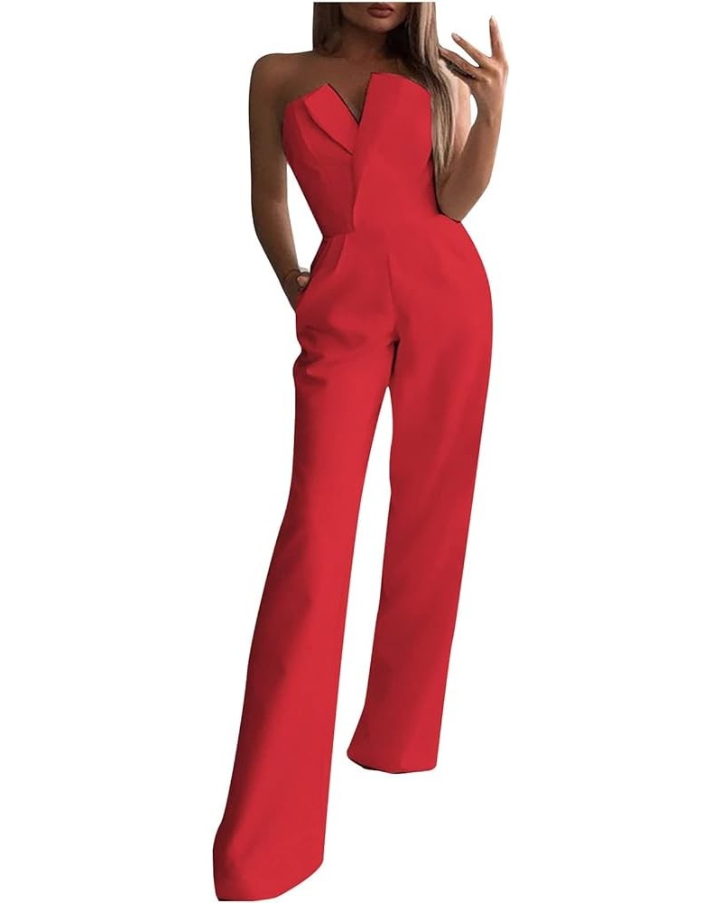 Women's Elegant Rompers Sexy V Neck Strapless High Waist Wide Leg Long Pants Jumpsuits Summer Party Club Outfits 01 Red $18.5...