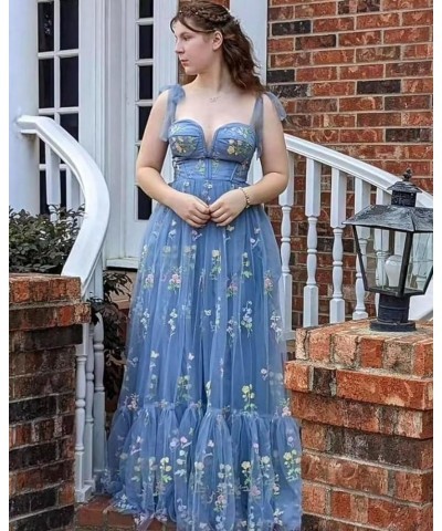 Women's Flower Embroidery Tulle Prom Dresses 2024 Long Spaghetti Straps Sweetheart Formal Evening Party Gowns Dusty Blue-a $3...