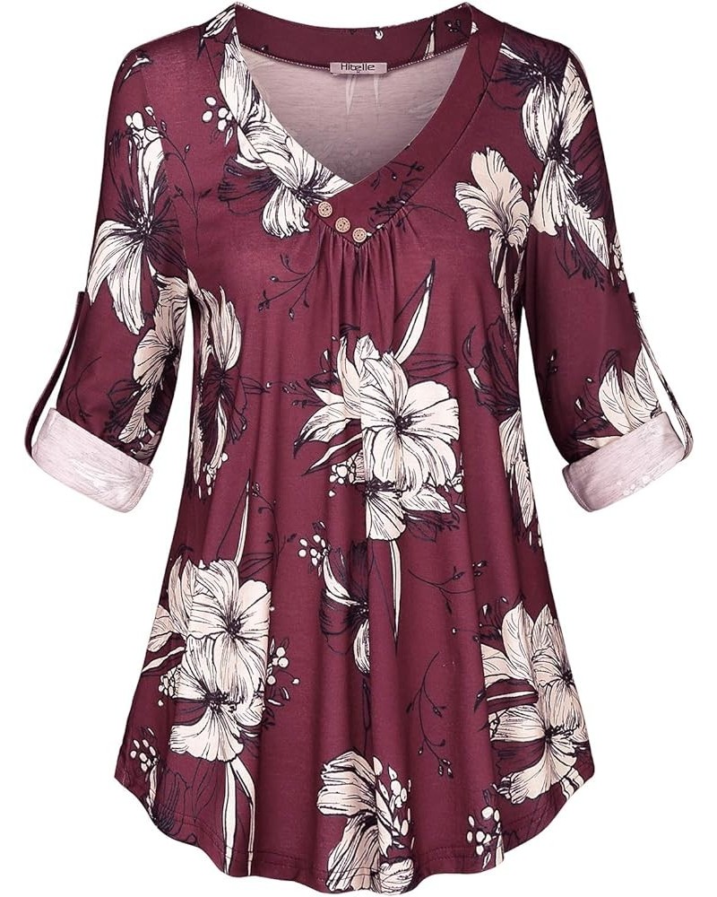 Women's Roll-up Long Sleeve Tunic Tops Solid/Stripe/Floral V Neck Casual Blouses Shirts Wine Floral $12.90 Tops