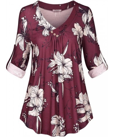 Women's Roll-up Long Sleeve Tunic Tops Solid/Stripe/Floral V Neck Casual Blouses Shirts Wine Floral $12.90 Tops