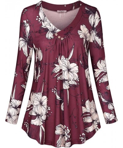 Women's Roll-up Long Sleeve Tunic Tops Solid/Stripe/Floral V Neck Casual Blouses Shirts Wine Floral $12.90 Tops