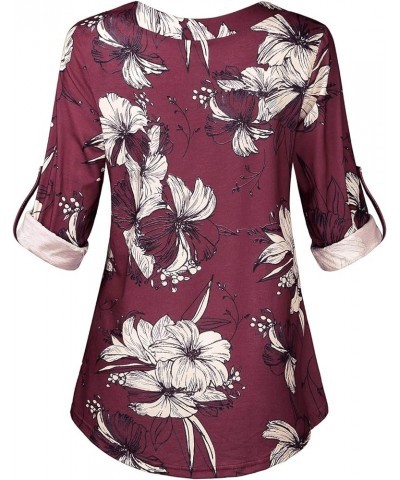 Women's Roll-up Long Sleeve Tunic Tops Solid/Stripe/Floral V Neck Casual Blouses Shirts Wine Floral $12.90 Tops