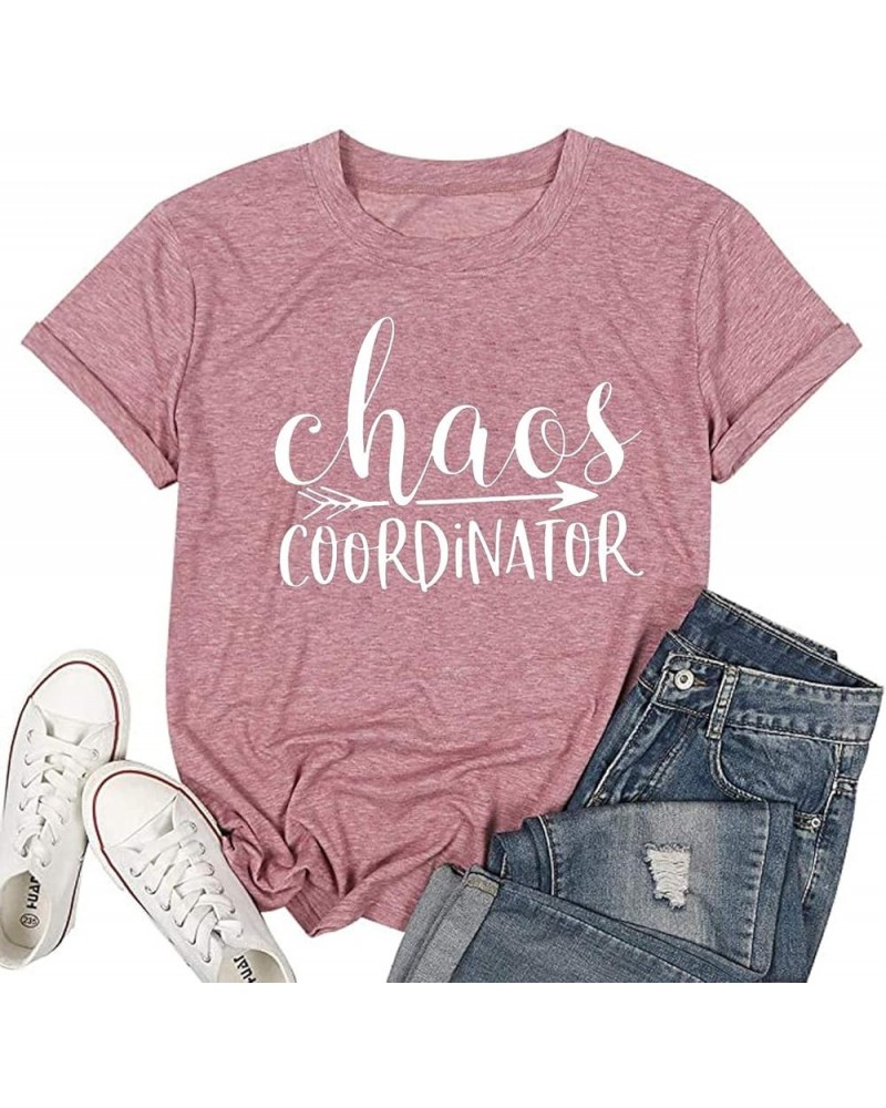 Women Chaos Coordinator Letter Printed T-Shirt Funny Short Sleeve Tops Tee Shirt Pink $12.09 T-Shirts