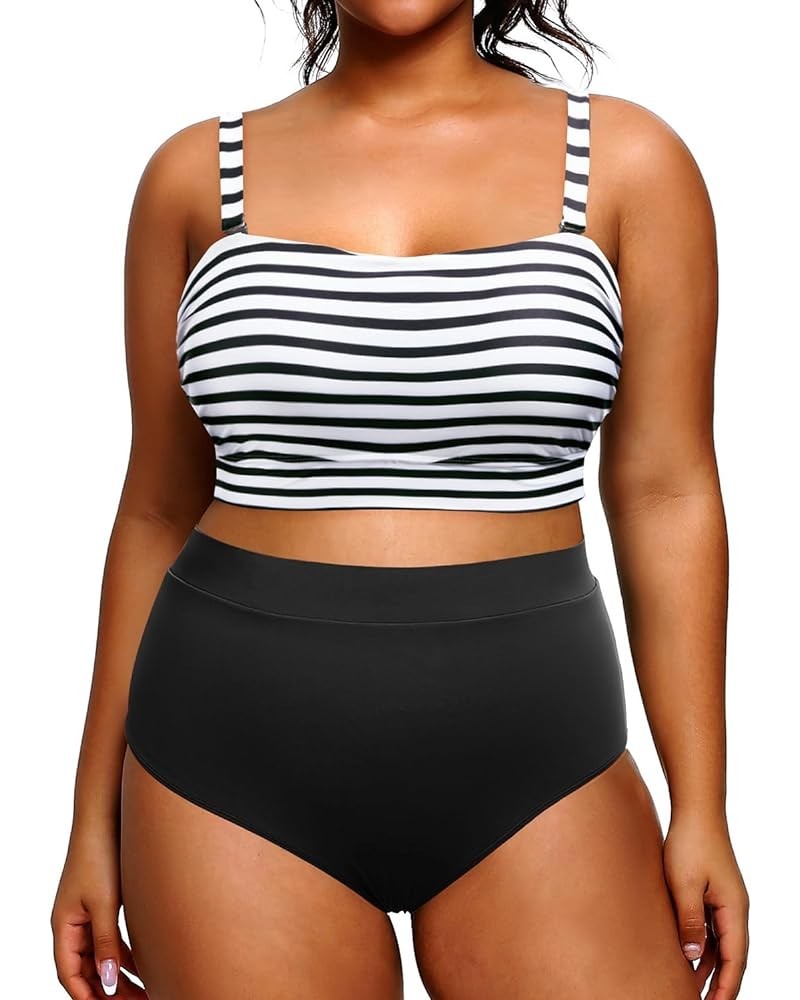 Women Plus Size High Waisted Bikini Bandeau Two Piece Swimsuit Stripe $18.22 Swimsuits