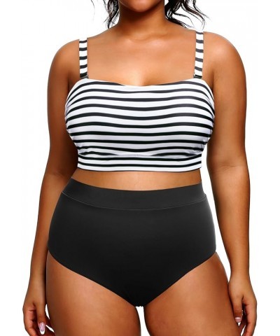 Women Plus Size High Waisted Bikini Bandeau Two Piece Swimsuit Stripe $18.22 Swimsuits