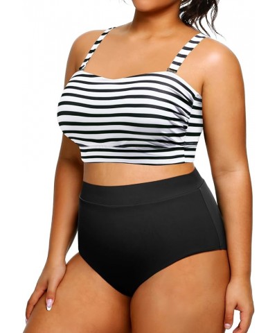 Women Plus Size High Waisted Bikini Bandeau Two Piece Swimsuit Stripe $18.22 Swimsuits