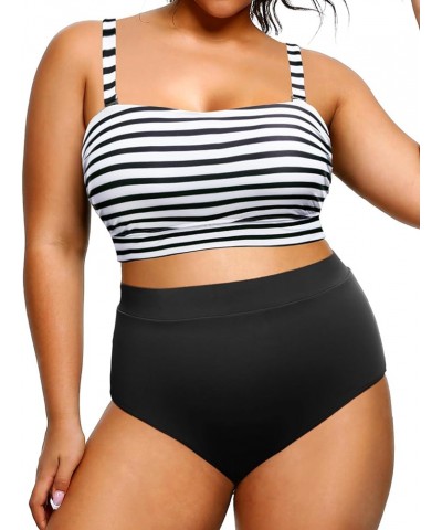 Women Plus Size High Waisted Bikini Bandeau Two Piece Swimsuit Stripe $18.22 Swimsuits