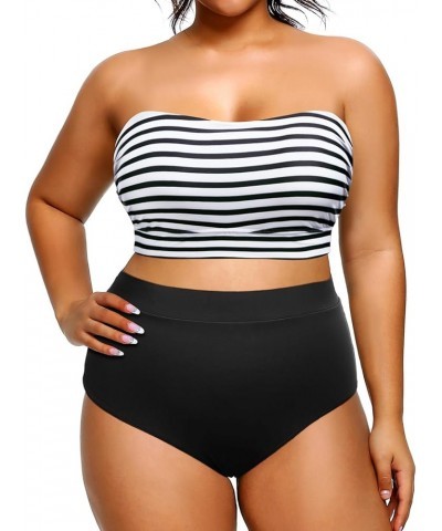 Women Plus Size High Waisted Bikini Bandeau Two Piece Swimsuit Stripe $18.22 Swimsuits