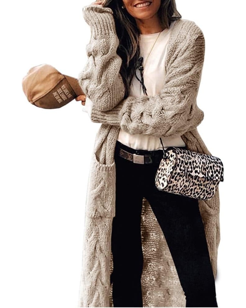 Women Open Front Cardigan Sweater Long Sleeve Chunky Cable Knit Long Cardigan Outwear with Pockets Beige $17.50 Sweaters