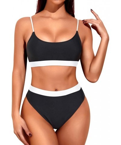 High Cut Sporty Bikini Set Two Piece Scoop Neck Swimsuits for Women Crop Top Bathing Suit with Bottom White Black $20.64 Swim...