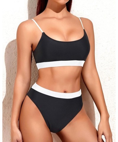 High Cut Sporty Bikini Set Two Piece Scoop Neck Swimsuits for Women Crop Top Bathing Suit with Bottom White Black $20.64 Swim...