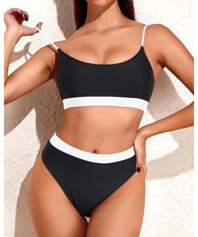 High Cut Sporty Bikini Set Two Piece Scoop Neck Swimsuits for Women Crop Top Bathing Suit with Bottom White Black $20.64 Swim...