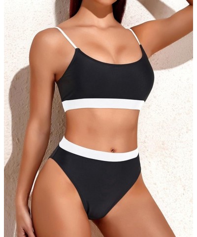 High Cut Sporty Bikini Set Two Piece Scoop Neck Swimsuits for Women Crop Top Bathing Suit with Bottom White Black $20.64 Swim...