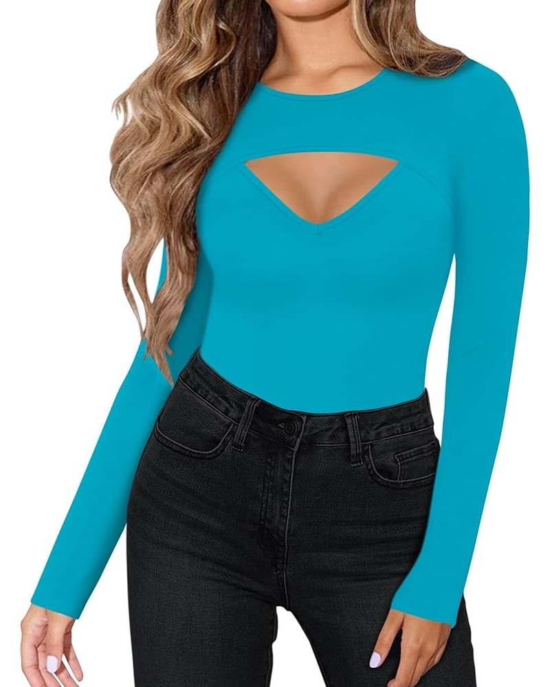 Womens Long Sleeve Tops Cut Out Front Ribbed Fitted Sexy Casual Dressy Fall Tee T-Shirts Tshirt F Blue $14.78 T-Shirts